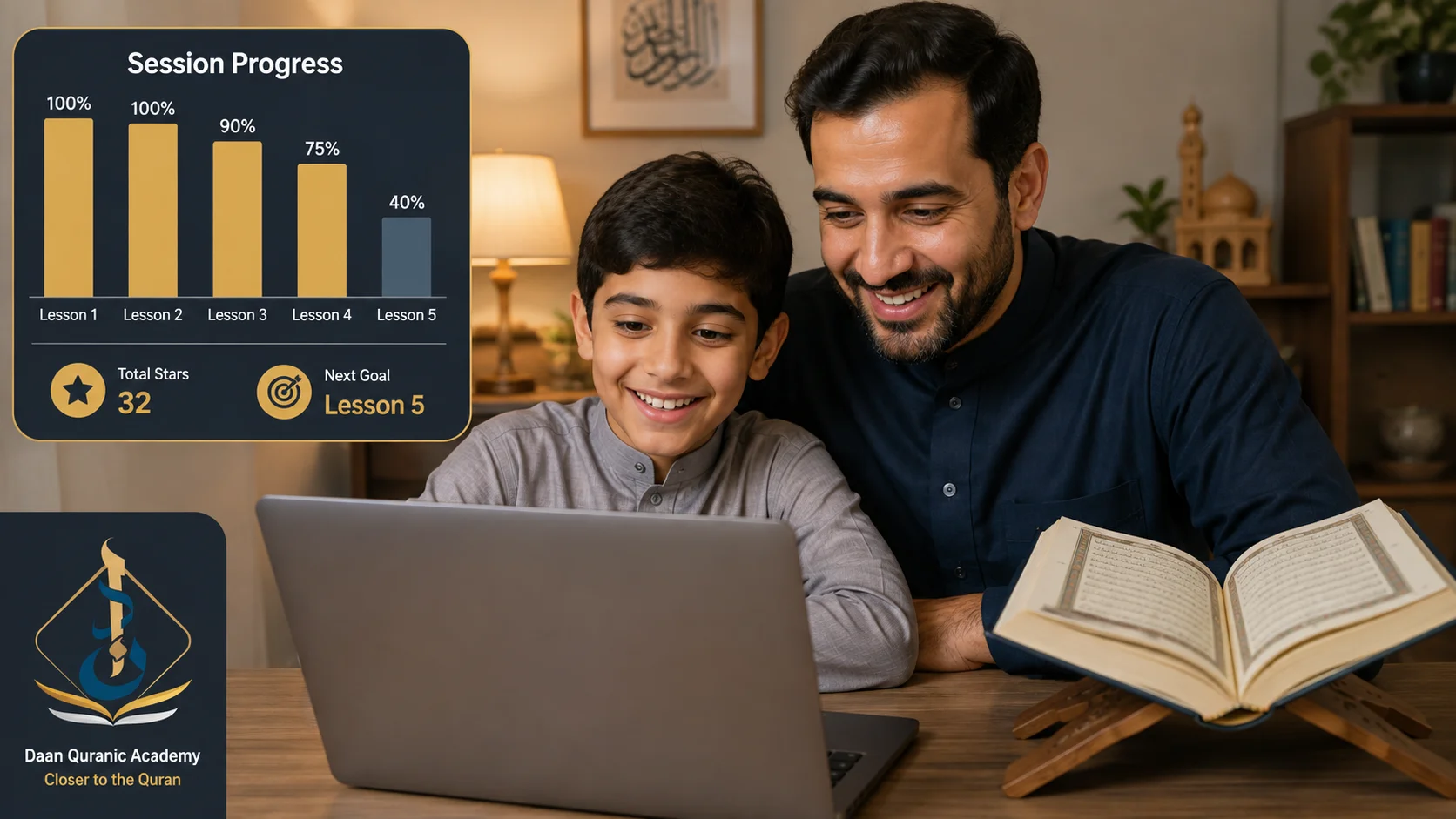 parent and child reviewing Quran Tajweed progress report on Daan Academy student dashboard