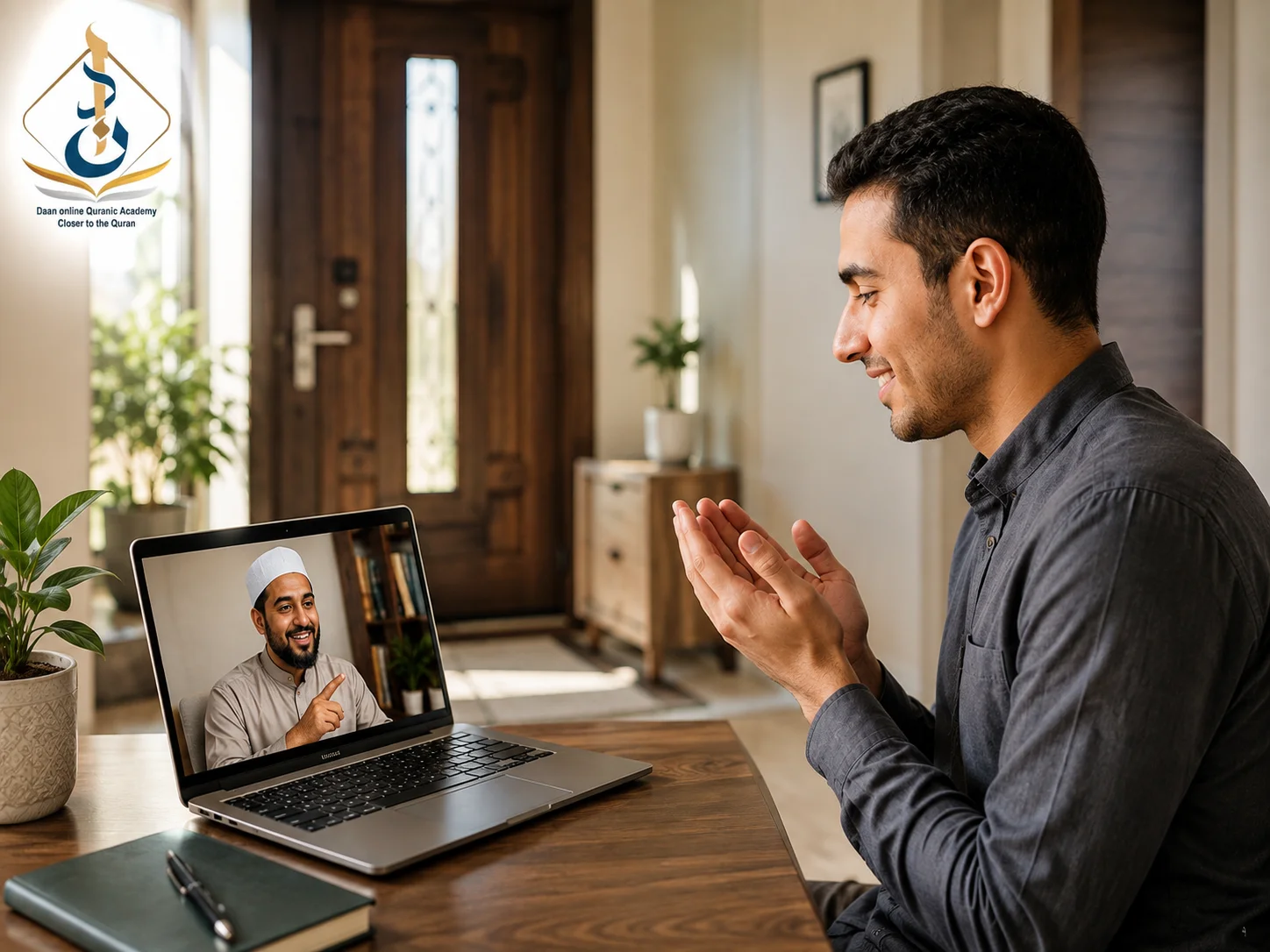 dua before leaving house — student learning the Prophetic dua with a native Egyptian Quran tutor on a live video call