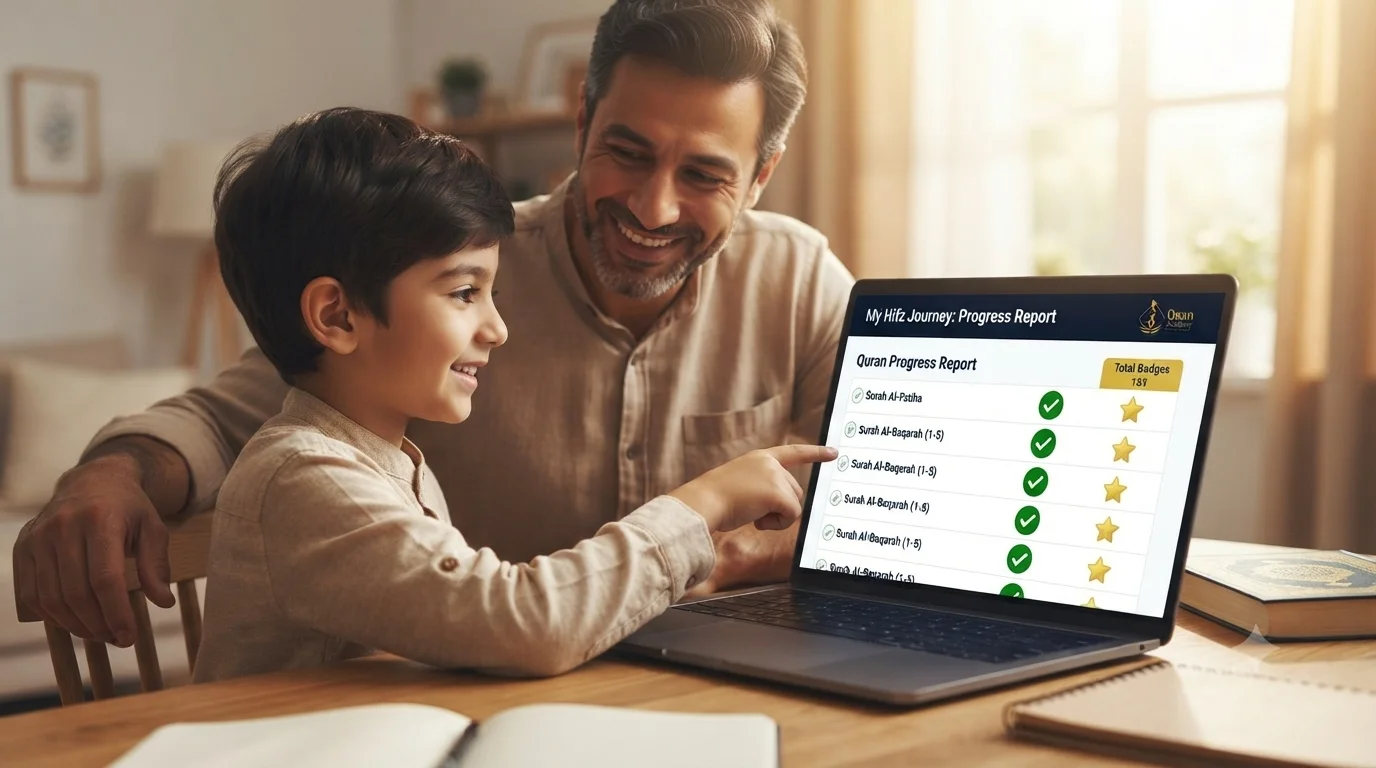 stopping signs in tajweed practice — parent and child reviewing Quran recitation progress on the Daan Academy dashboard