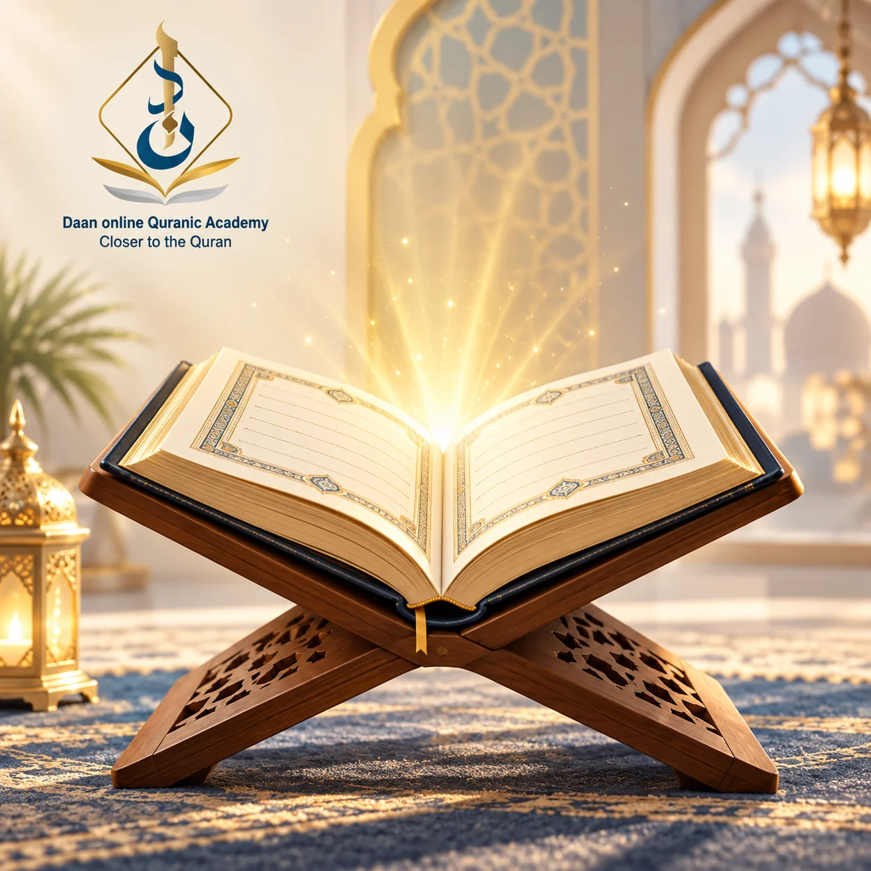 excellence of reciting the holy Quran — open mushaf on a wooden stand with golden light