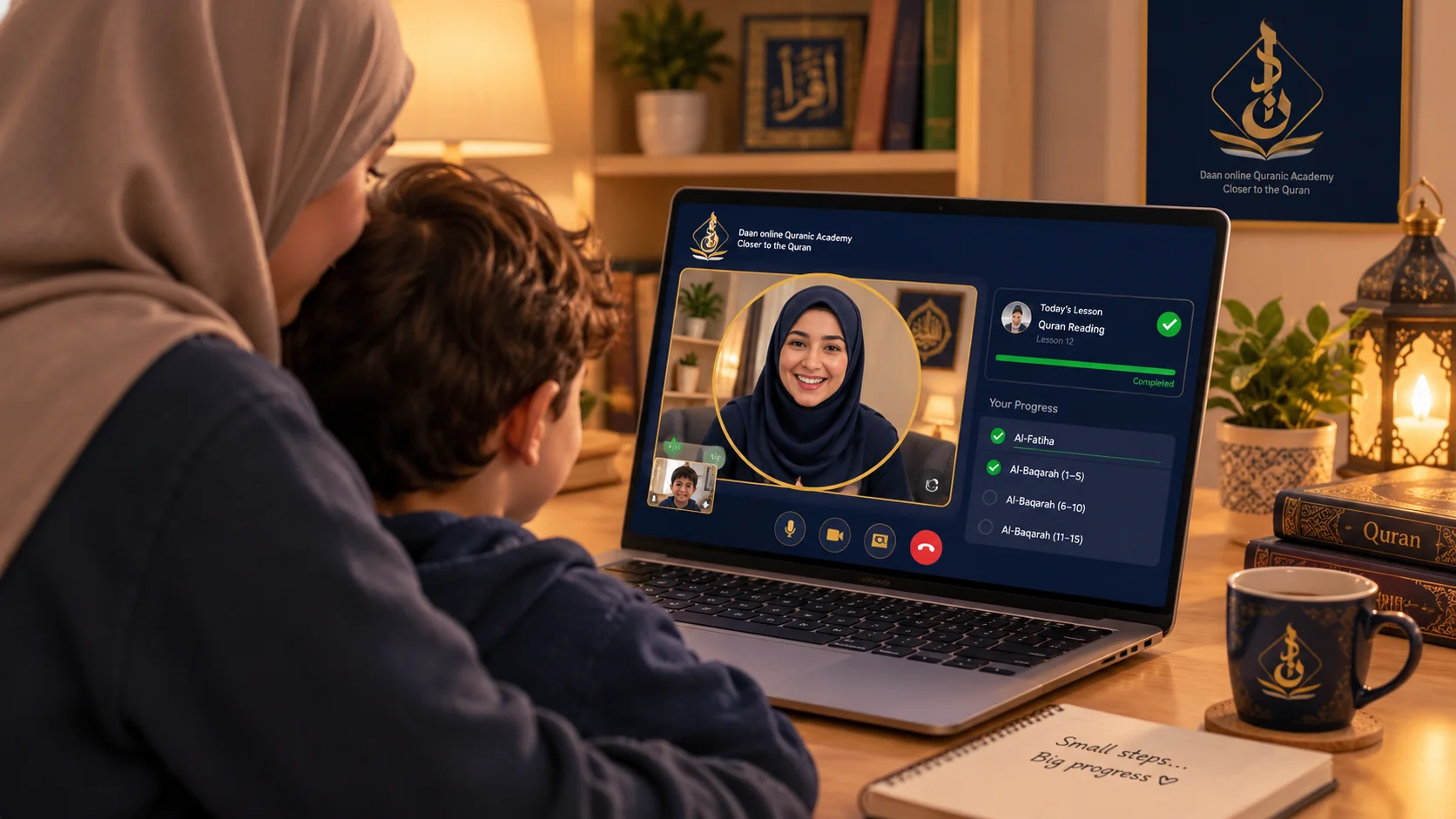 parent and child reviewing Islamic daily routine progress on Daan Academy dashboard