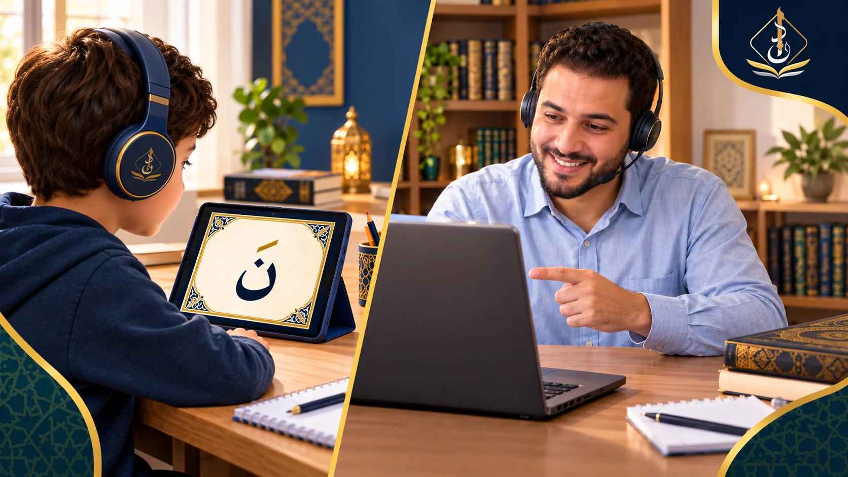 short vowels in arabic — child learning Fatha Kasra Damma with native Egyptian tutor on screen