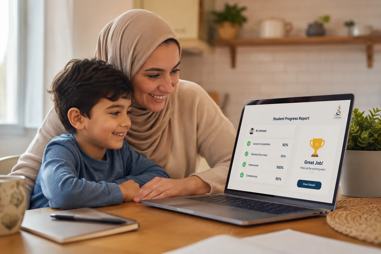 parent and child reviewing Quran tajweed progress report on Daan Academy dashboard