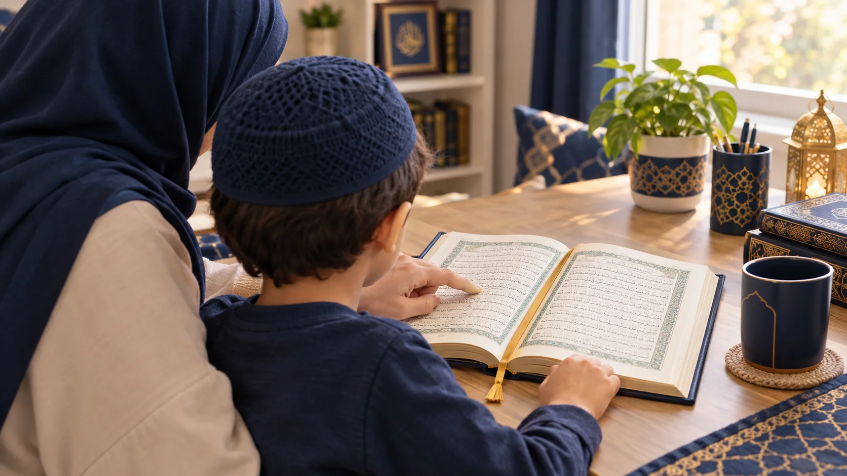 what does the Quran say about raising a child — parent and child reading Quran together at home