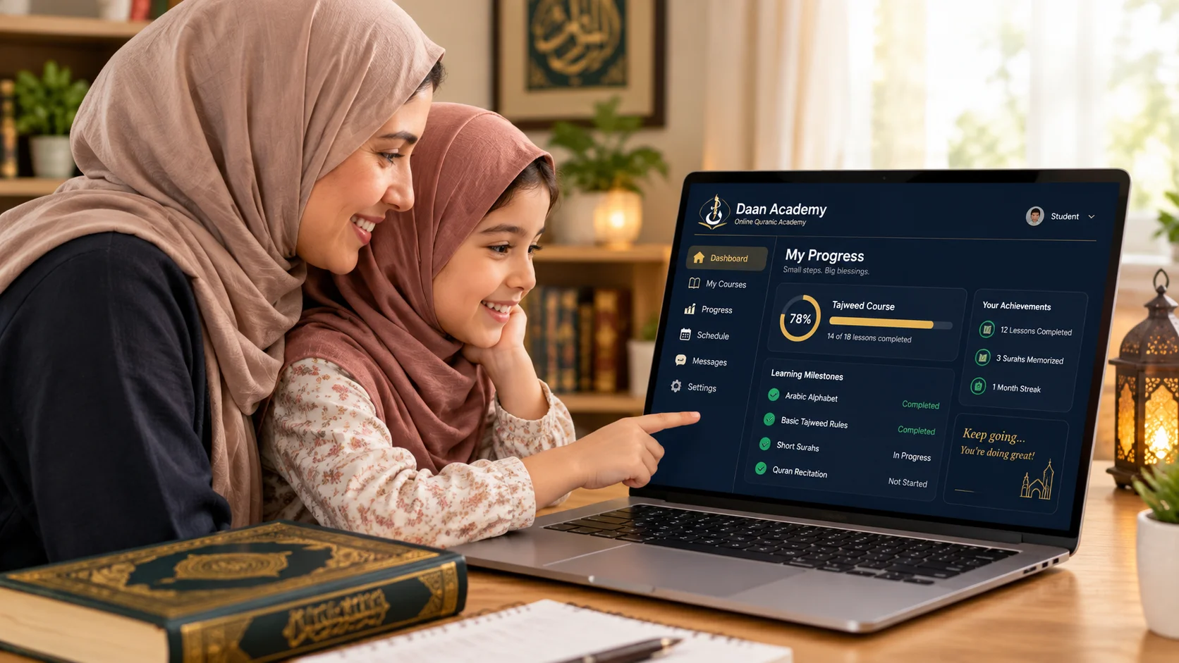 parent and child reviewing Quran tongue letters progress report on Daan Academy dashboard