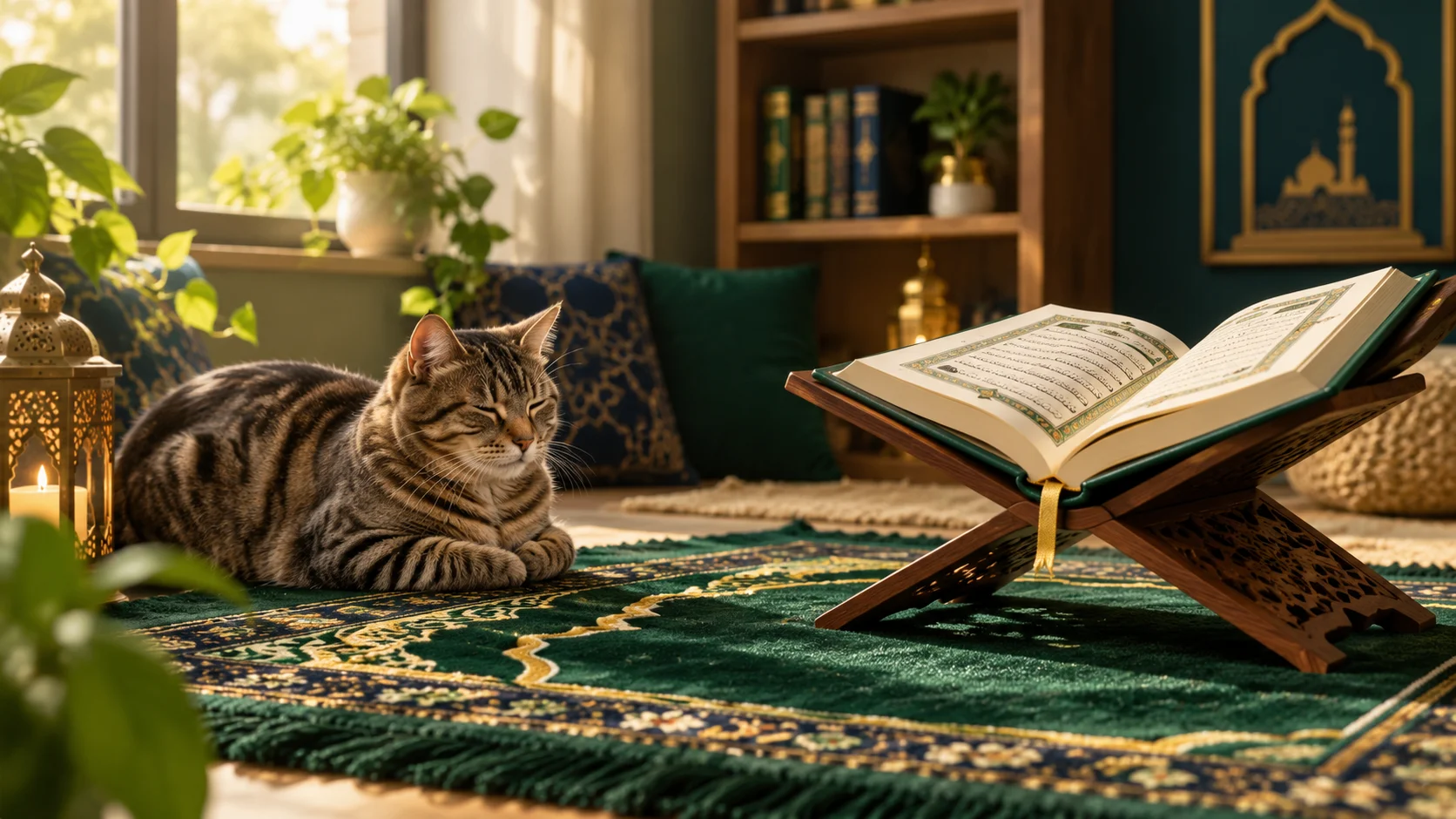 cat hadith in Islam — a cat resting peacefully beside a Quran in a Muslim home