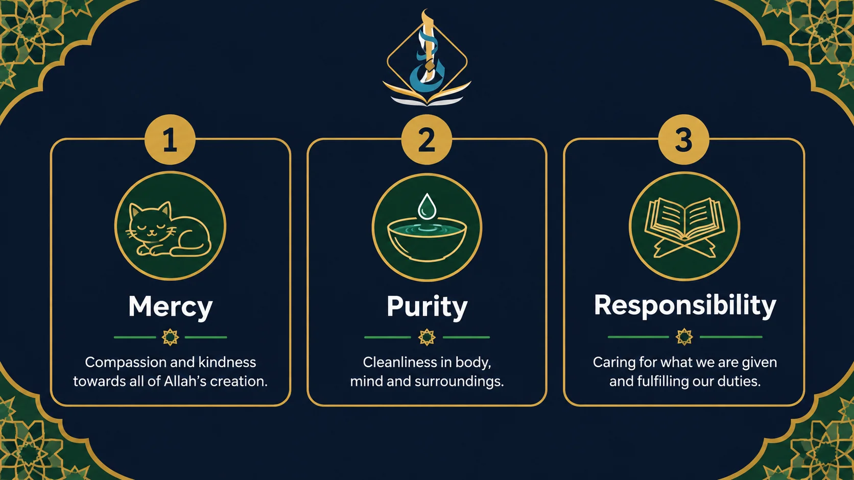 Prophet Muhammad hadith about cats — infographic of three authentic narrations on mercy and purity