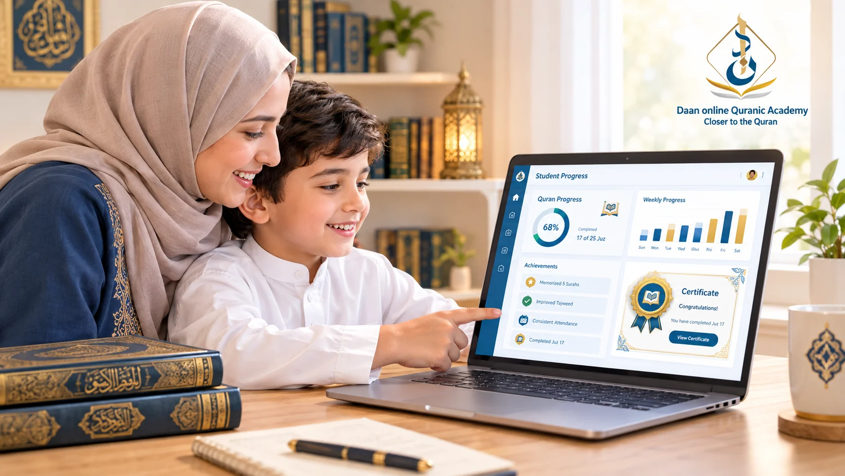 parent and child reviewing Tajweed progress report on Daan Academy student dashboard
