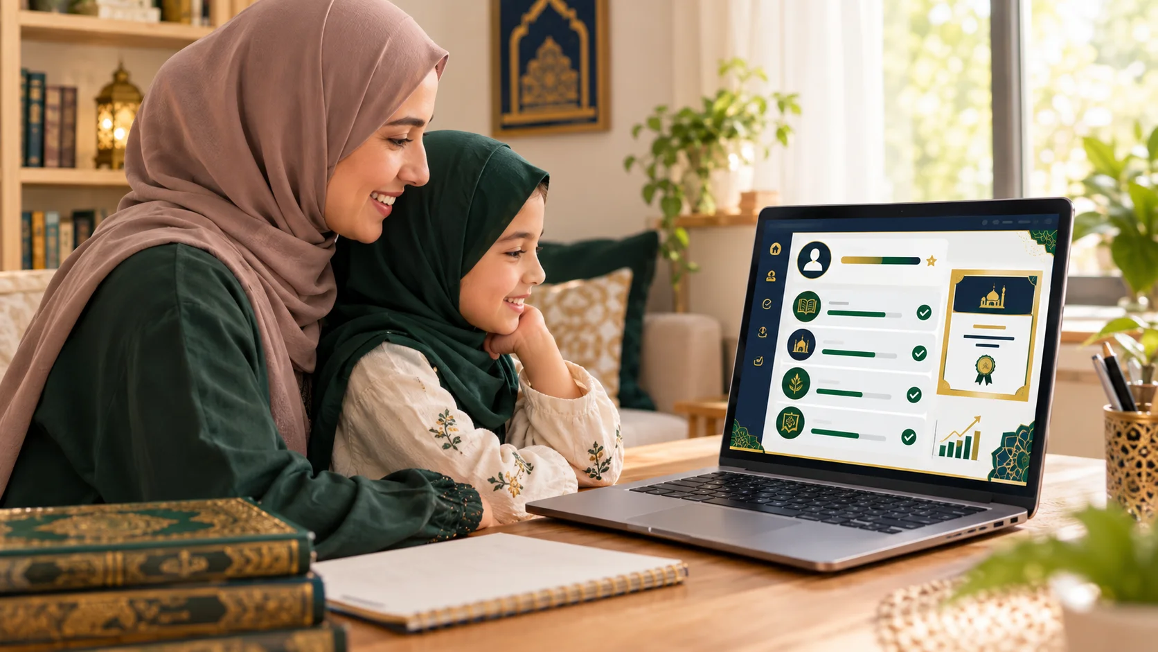 parent and child reviewing Islamic studies progress report on the Daan Academy student dashboard