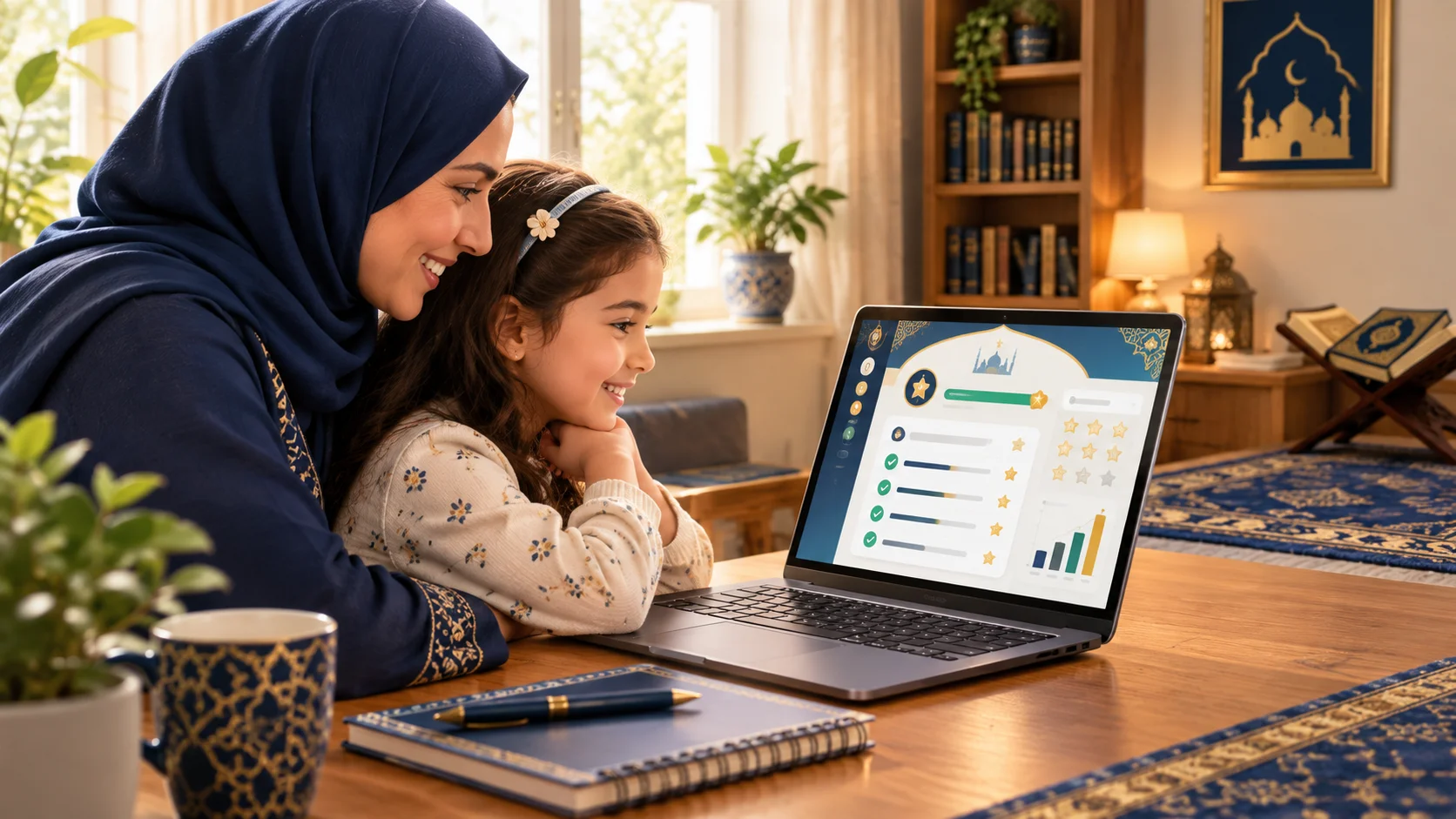 parent and child reviewing Noorani Qaida progress report on Daan Academy dashboard