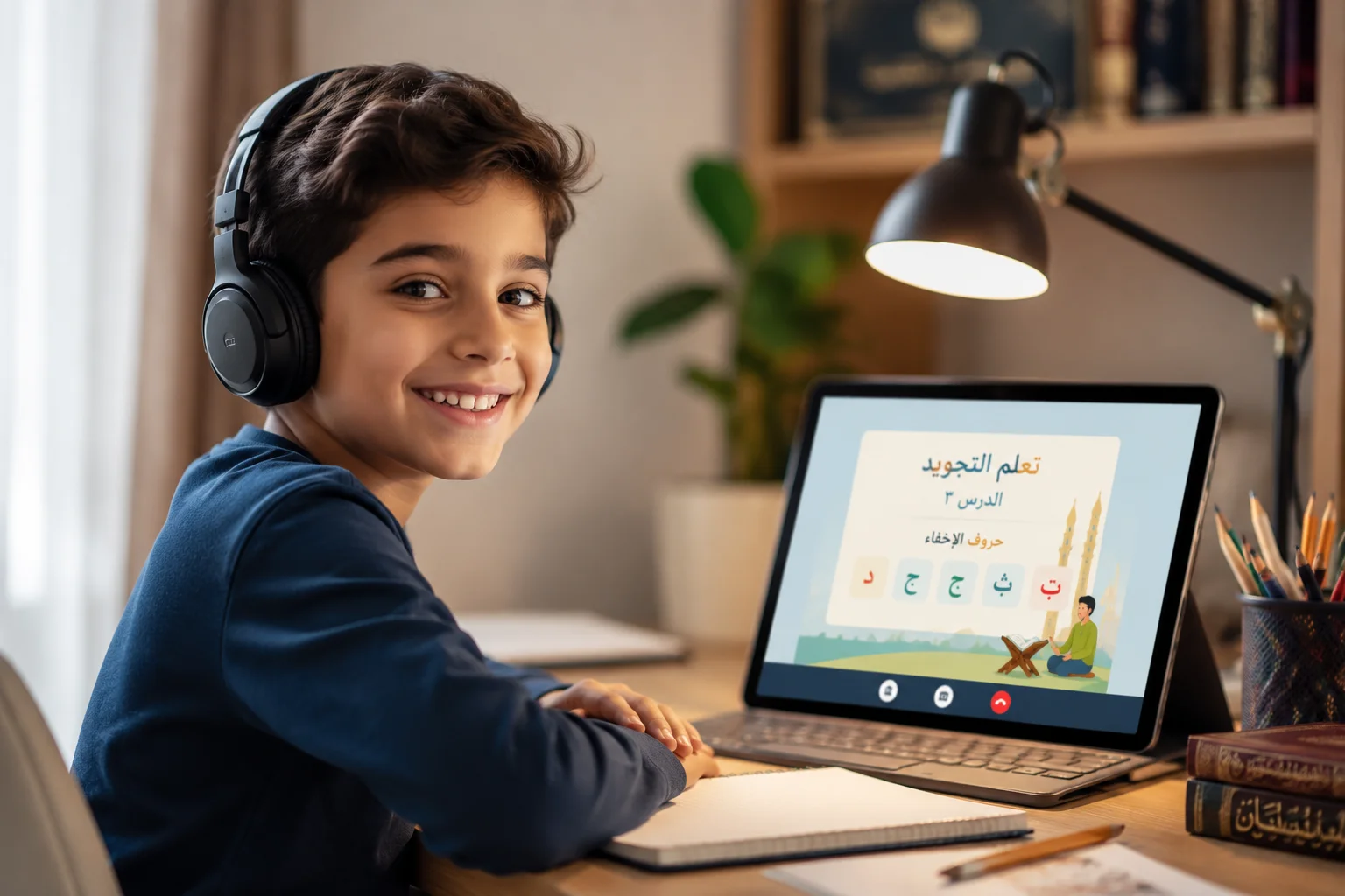 tajweed rules for kids — child learning Quran recitation online with headphones